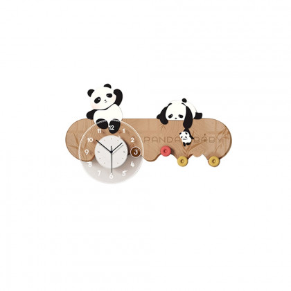 HMR - 4-Hook Wall Mounted Decorative Panda Coat Rack with 9.8'' LED Acrylic Clock