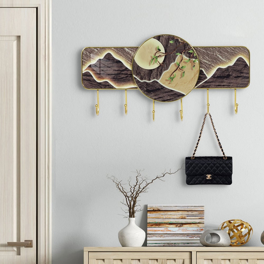 HMR - 6-Hook Moon and Mountain Decor Entryway Wall Mounted Coat Rack
