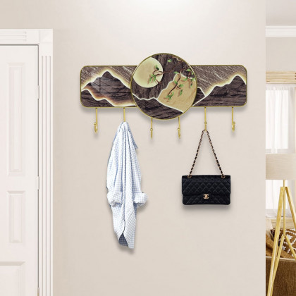 HMR - 6-Hook Moon and Mountain Decor Entryway Wall Mounted Coat Rack