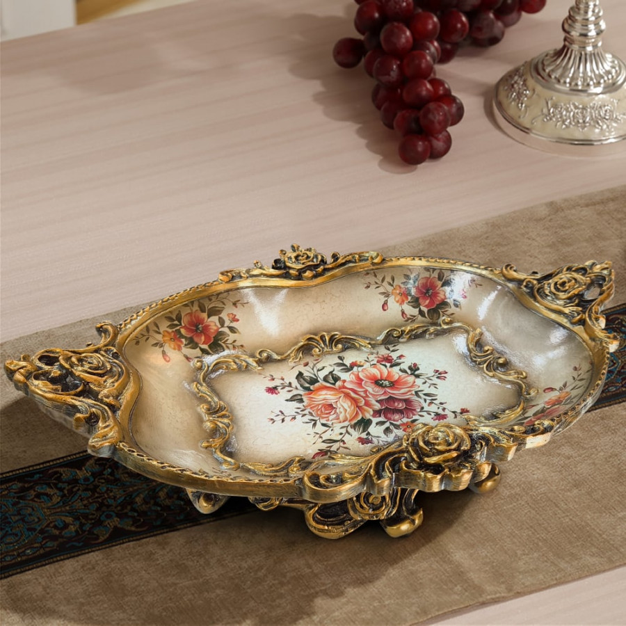 HMR - Gold & White Fruit Plate Basket Decoration Bowl Resin Serving Tray with Handles