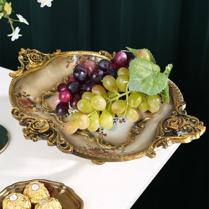 HMR - Gold & White Fruit Plate Basket Decoration Bowl Resin Serving Tray with Handles