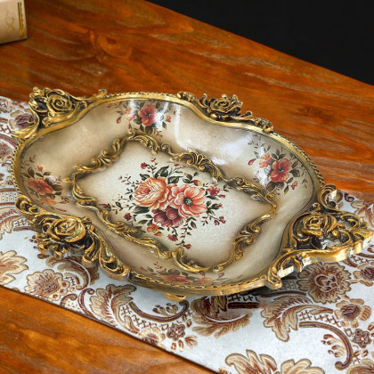 HMR - Gold & White Fruit Plate Basket Decoration Bowl Resin Serving Tray with Handles