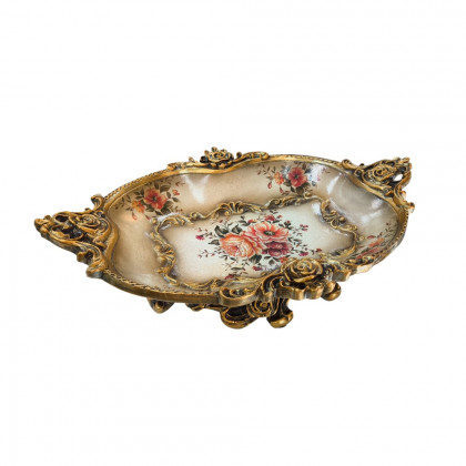 HMR - Gold & White Fruit Plate Basket Decoration Bowl Resin Serving Tray with Handles