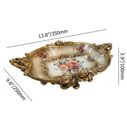 HMR - Gold & White Fruit Plate Basket Decoration Bowl Resin Serving Tray with Handles