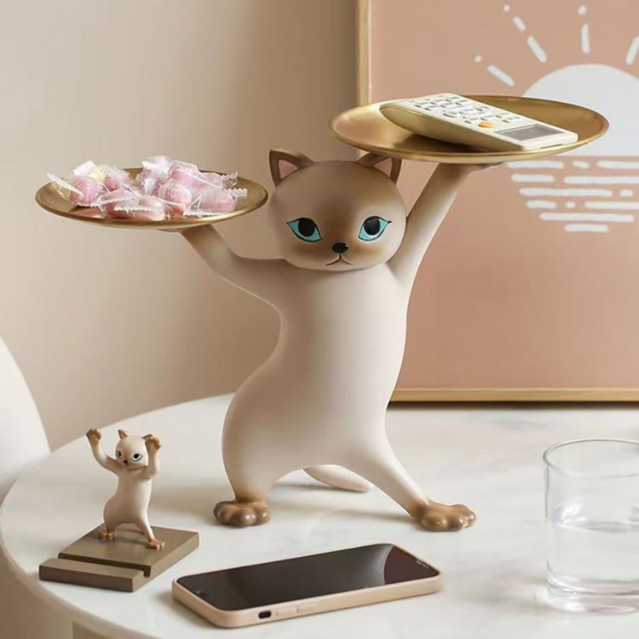HMR - Modern Cat Resin Figurine with Gold Desk Storage Tray
