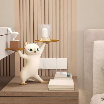 HMR - Modern Cat Resin Figurine with Gold Desk Storage Tray