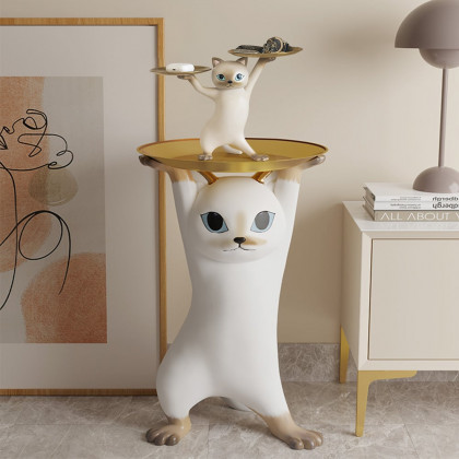 HMR - Modern Cat Resin Figurine with Gold Desk Storage Tray