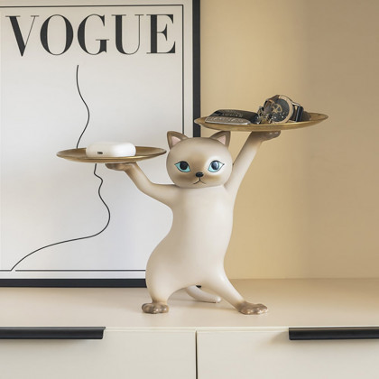 HMR - Modern Cat Resin Figurine with Gold Desk Storage Tray