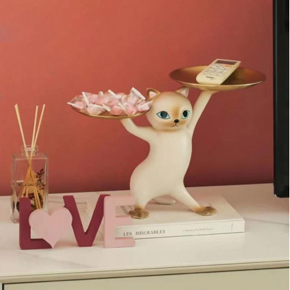 HMR - Modern Cat Resin Figurine with Gold Desk Storage Tray