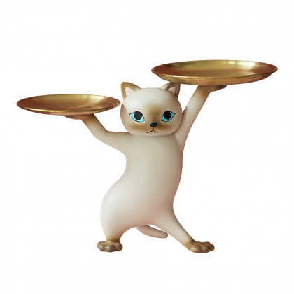 HMR - Modern Cat Resin Figurine with Gold Desk Storage Tray
