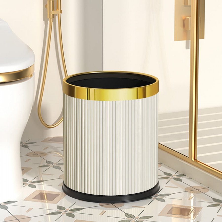 HMR - Gold & White Round Trash Can Open Top PU Leather & Metal Garbage Can for Bathroom