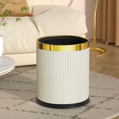 HMR - Gold & White Round Trash Can Open Top PU Leather & Metal Garbage Can for Bathroom