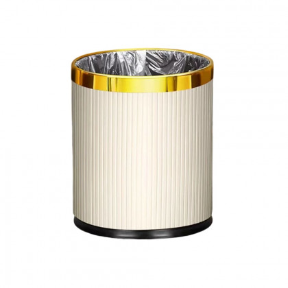 HMR - Gold & White Round Trash Can Open Top PU Leather & Metal Garbage Can for Bathroom