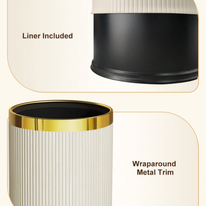 HMR - Gold & White Round Trash Can Open Top PU Leather & Metal Garbage Can for Bathroom