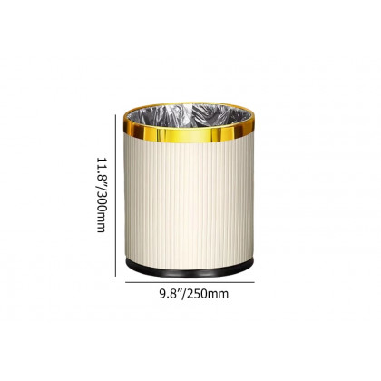 HMR - Gold & White Round Trash Can Open Top PU Leather & Metal Garbage Can for Bathroom