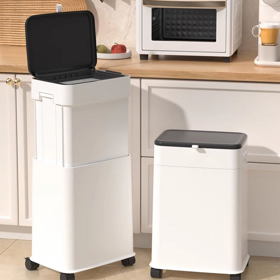 HMR - White Liftable Kitchen Trash Can Rolling Garbage Bin With Cover