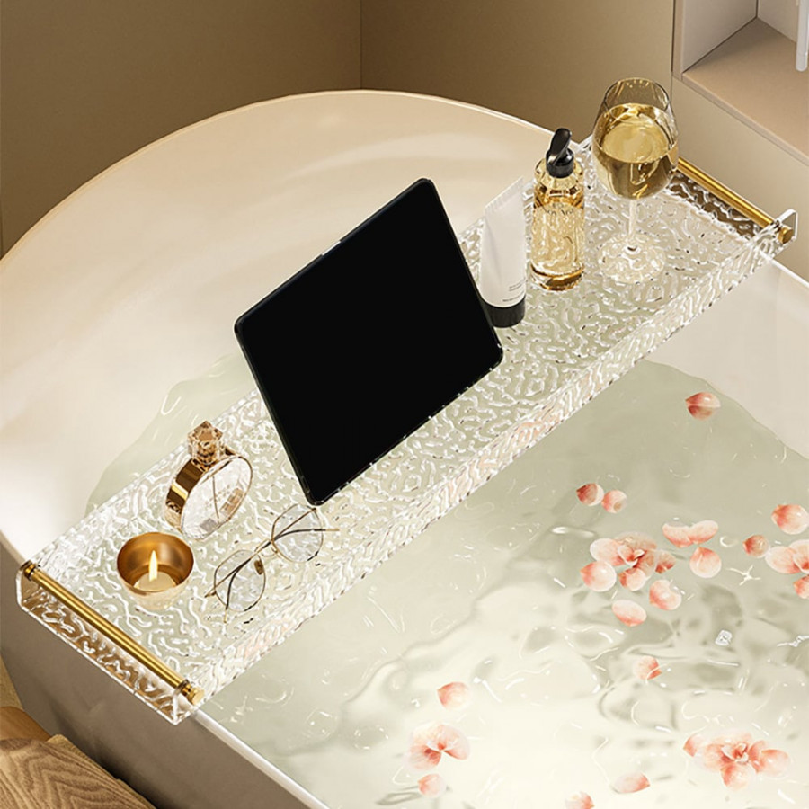 HMR - Acrylic Water Ripple Bathtub Tray Clear Bathroom Caddy Shelf with Gold Handles