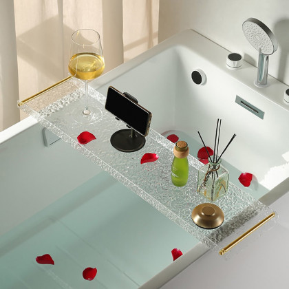 HMR - Acrylic Water Ripple Bathtub Tray Clear Bathroom Caddy Shelf with Gold Handles