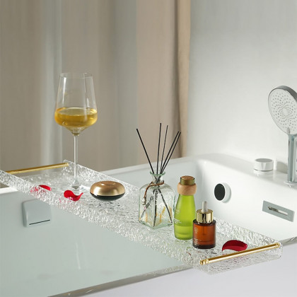 HMR - Acrylic Water Ripple Bathtub Tray Clear Bathroom Caddy Shelf with Gold Handles