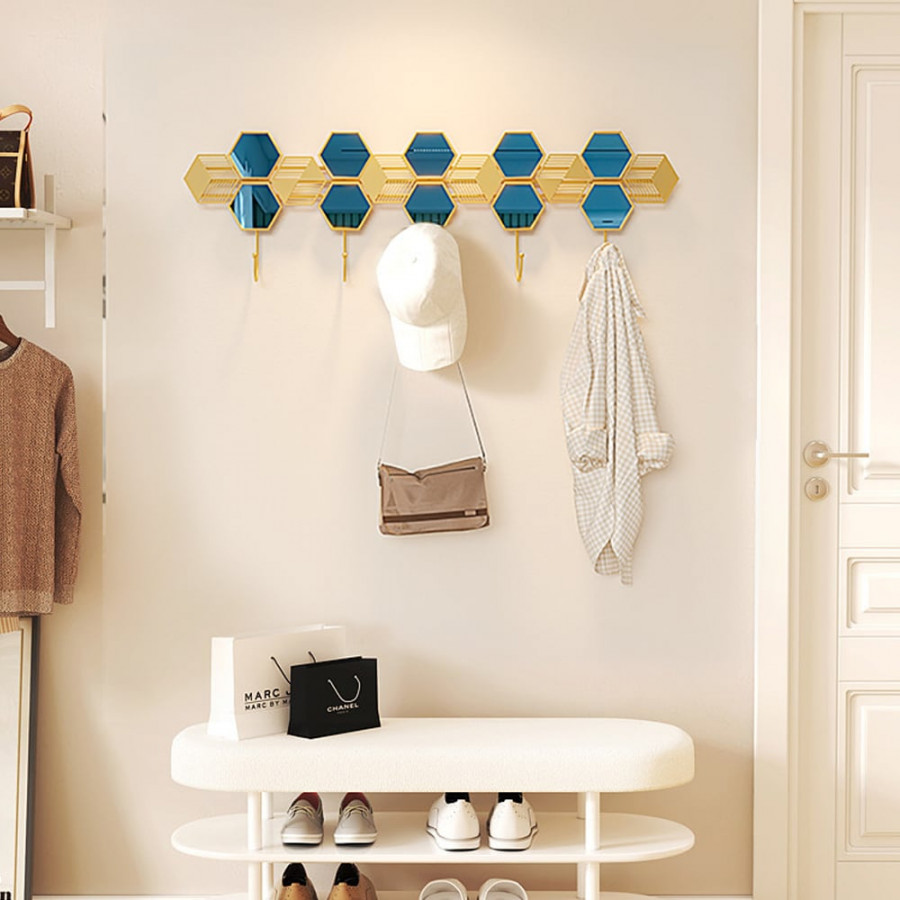 HMR - Gold & Blue Luxury Entryway Wall Mounted 5-Hook Coat Rack