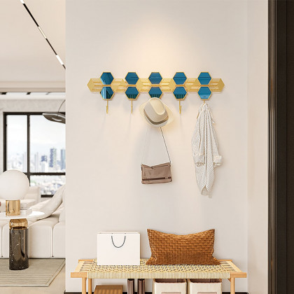 HMR - Gold & Blue Luxury Entryway Wall Mounted 5-Hook Coat Rack