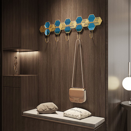 HMR - Gold & Blue Luxury Entryway Wall Mounted 5-Hook Coat Rack