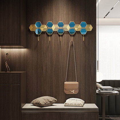HMR - Gold & Blue Luxury Entryway Wall Mounted 5-Hook Coat Rack