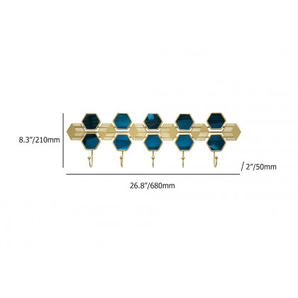 HMR - Gold & Blue Luxury Entryway Wall Mounted 5-Hook Coat Rack