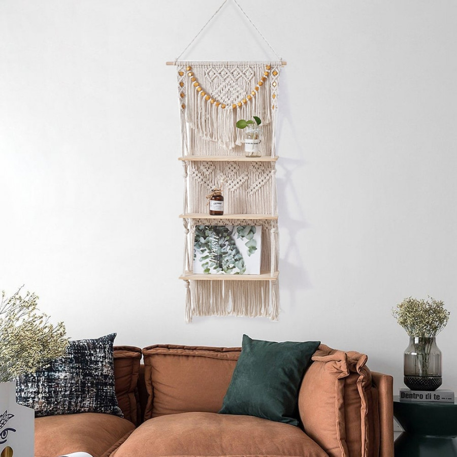 HMR - 43inch Wall Hanging Plant Shelf 3-Tier Macrame Floating Shelf