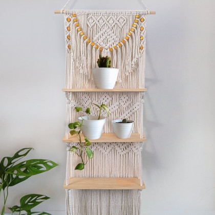 HMR - 43inch Wall Hanging Plant Shelf 3-Tier Macrame Floating Shelf