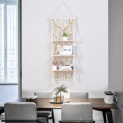 HMR - 43inch Wall Hanging Plant Shelf 3-Tier Macrame Floating Shelf