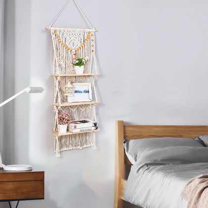 HMR - 43inch Wall Hanging Plant Shelf 3-Tier Macrame Floating Shelf