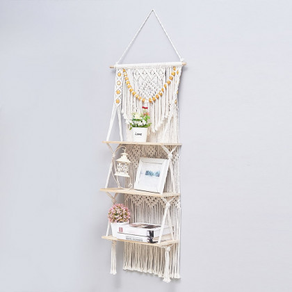 HMR - 43inch Wall Hanging Plant Shelf 3-Tier Macrame Floating Shelf