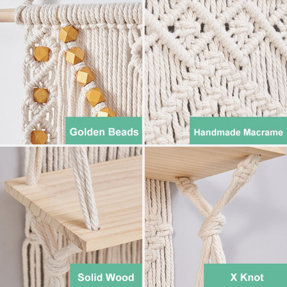 HMR - 43inch Wall Hanging Plant Shelf 3-Tier Macrame Floating Shelf