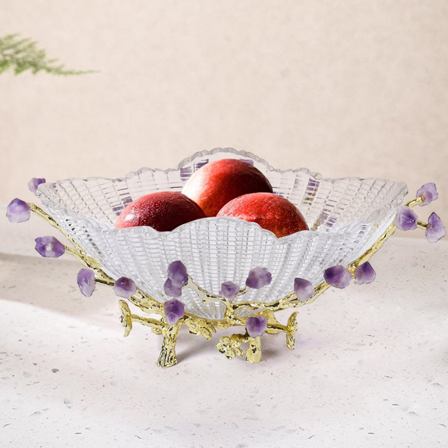 HMR - Glass Branch Fruit Bowl Basket Decor Serving Tray in Gold & Purple