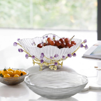 HMR - Glass Branch Fruit Bowl Basket Decor Serving Tray in Gold & Purple