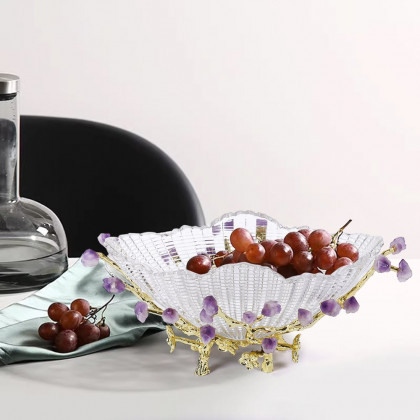 HMR - Glass Branch Fruit Bowl Basket Decor Serving Tray in Gold & Purple
