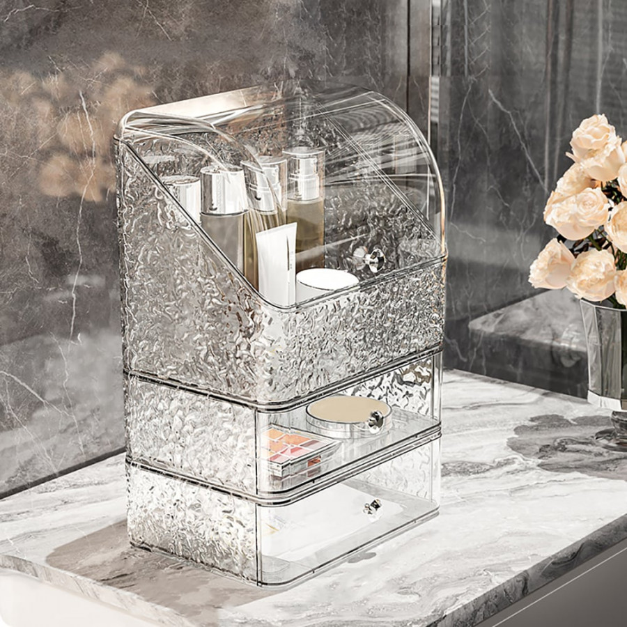 HMR - Water Ripple Makeup Organizer Desktop Cosmetic Storage Box with 2 Drawers in Clear