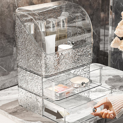 HMR - Water Ripple Makeup Organizer Desktop Cosmetic Storage Box with 2 Drawers in Clear