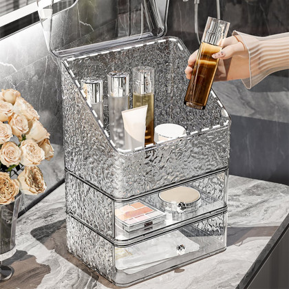 HMR - Water Ripple Makeup Organizer Desktop Cosmetic Storage Box with 2 Drawers in Clear
