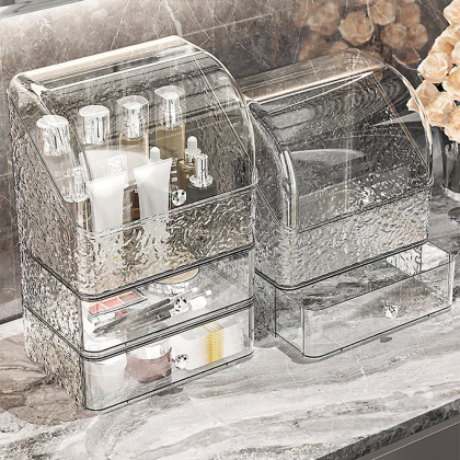 HMR - Water Ripple Makeup Organizer Desktop Cosmetic Storage Box with 2 Drawers in Clear