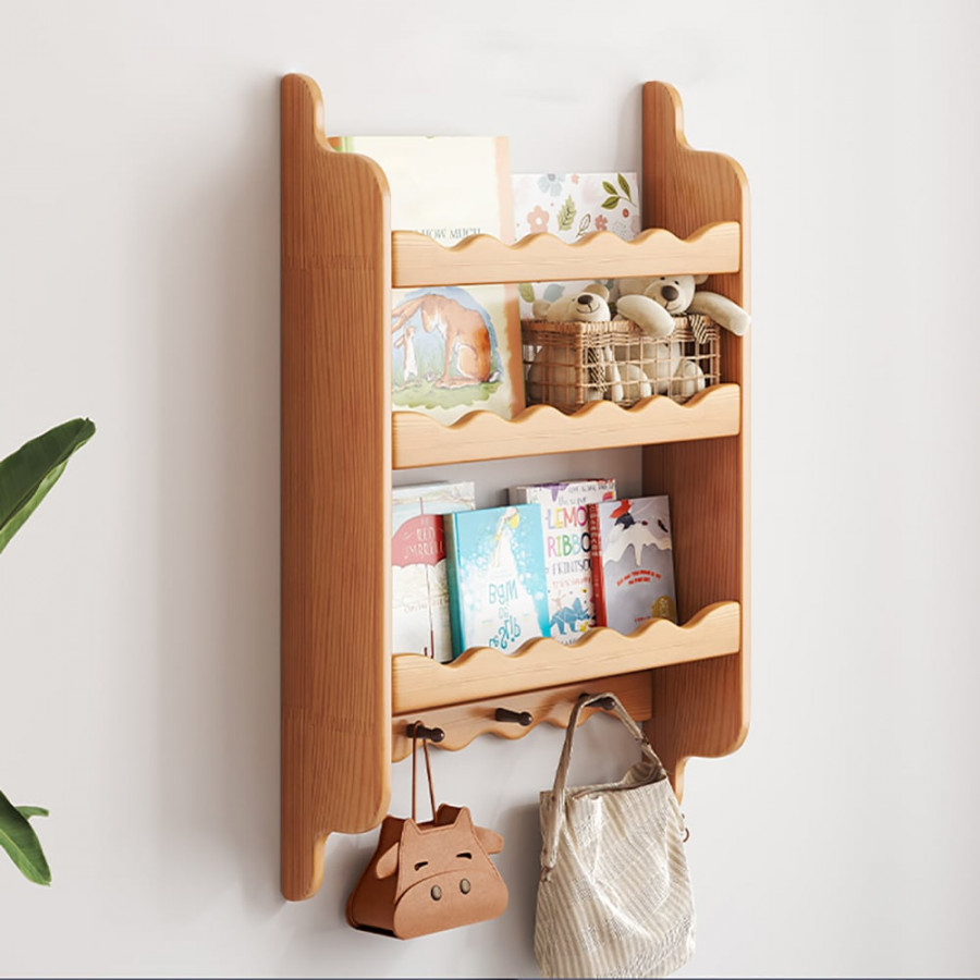HMR - 3-Tier Wooden Wall Mounted Magazine Rack Shallow Bookshelf Display Shelf with Hooks