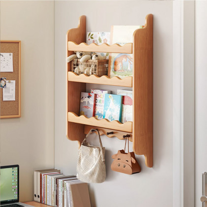 HMR - 3-Tier Wooden Wall Mounted Magazine Rack Shallow Bookshelf Display Shelf with Hooks