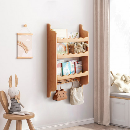 HMR - 3-Tier Wooden Wall Mounted Magazine Rack Shallow Bookshelf Display Shelf with Hooks