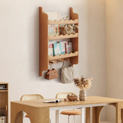 HMR - 3-Tier Wooden Wall Mounted Magazine Rack Shallow Bookshelf Display Shelf with Hooks