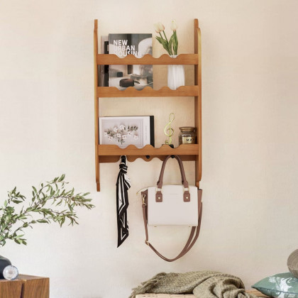 HMR - 3-Tier Wooden Wall Mounted Magazine Rack Shallow Bookshelf Display Shelf with Hooks