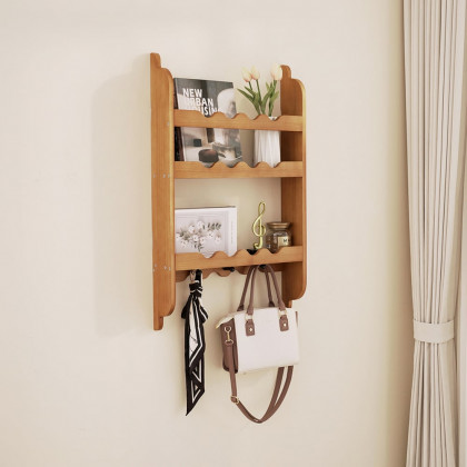 HMR - 3-Tier Wooden Wall Mounted Magazine Rack Shallow Bookshelf Display Shelf with Hooks