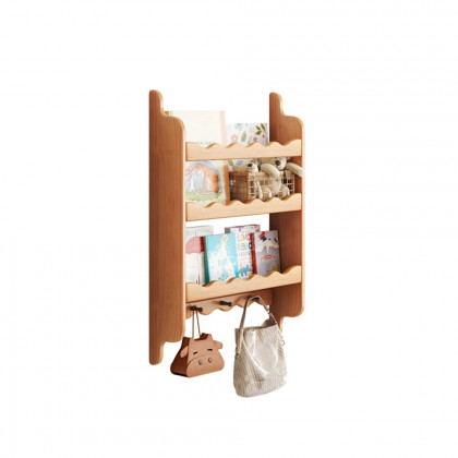 HMR - 3-Tier Wooden Wall Mounted Magazine Rack Shallow Bookshelf Display Shelf with Hooks