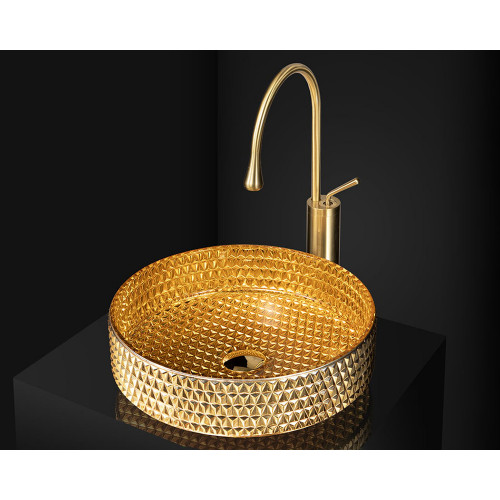 HMR 15" Vessel Transparent Diamond Shaped Crystal Glass Bathroom Vessel Sink - Gold