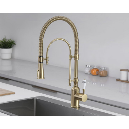 HMR High Arc Dual-Mode Pull-Down Kitchen Faucet Porcelain Handle with Porcelain Handle - Brushed Gold
